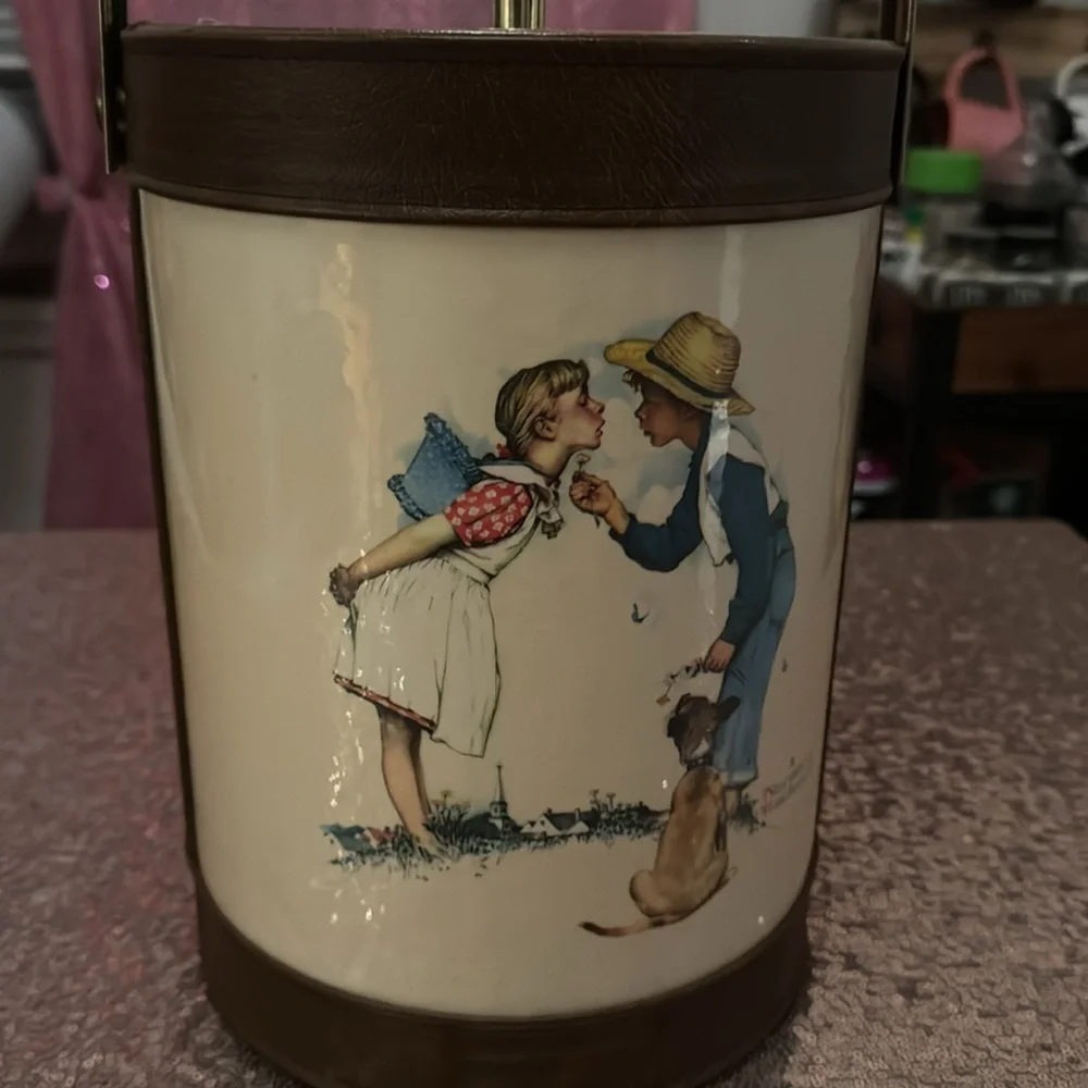 Vintage 1970s Normal Rockwell Double Sided Ice Bucket with Leather Trim MCM
